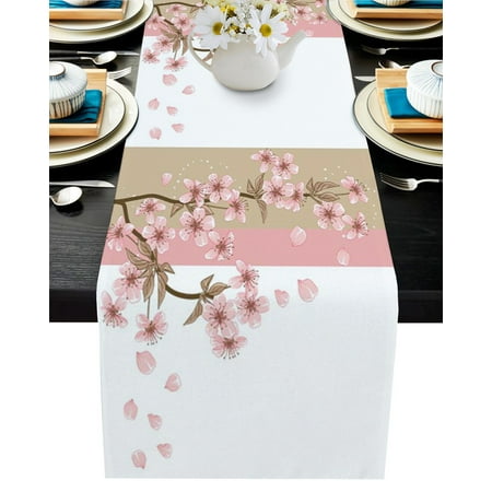 

Peach Blossom Petals Leaves Flower Table Runner Wedding Decoration Home Dinner Table Decor Cotton Linen Table Runner