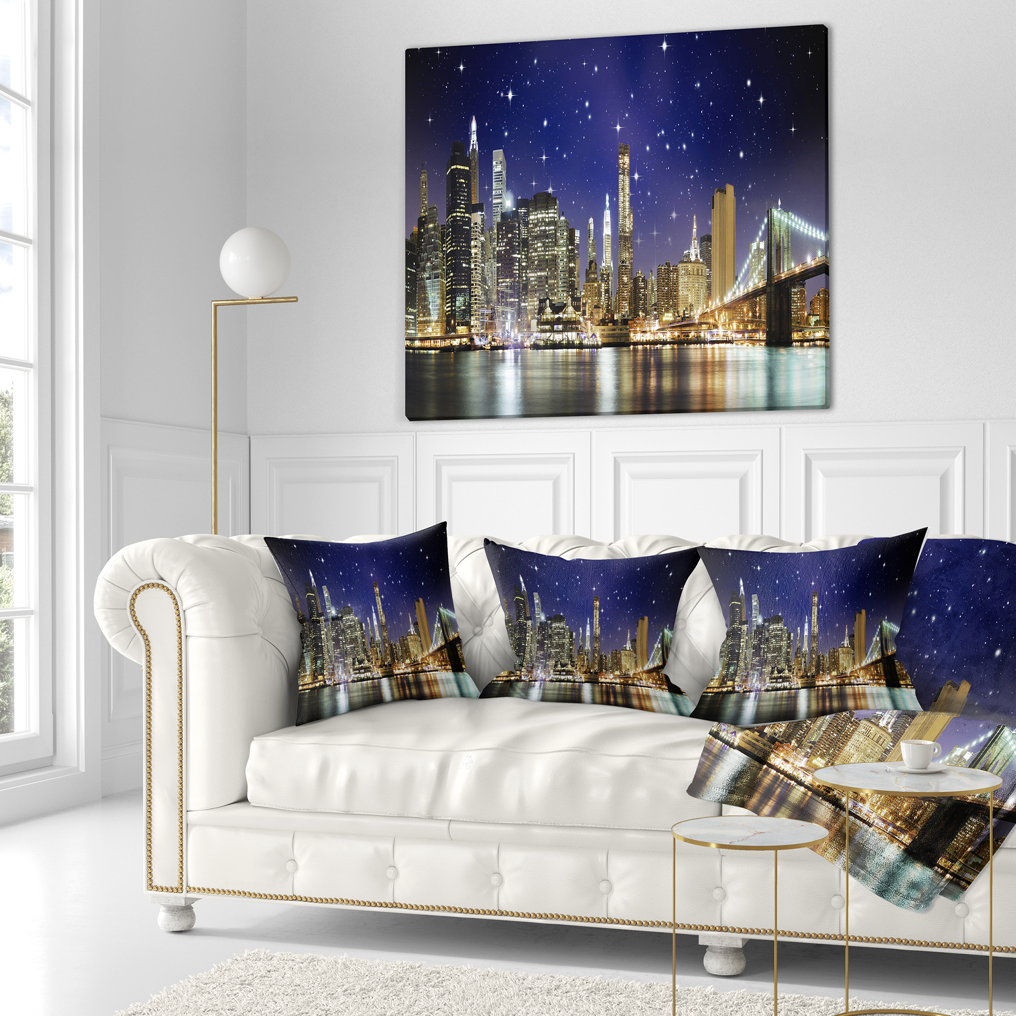 Designart Night Colors over Brooklyn Bridge - Cityscape Photo Throw Pillow - 16x16