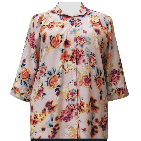 A Personal Touch Women's Plus Size 3/4 Sleeve Button-Up Blouse - Shell Pink Painted Floral - 7X