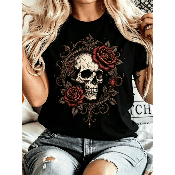 Women's Gothic Skull Burgundy Red Rose Graphic T-Shirt, Vintage Ornate Floral Skull Short Sleeve Crew Neck Casual Tee