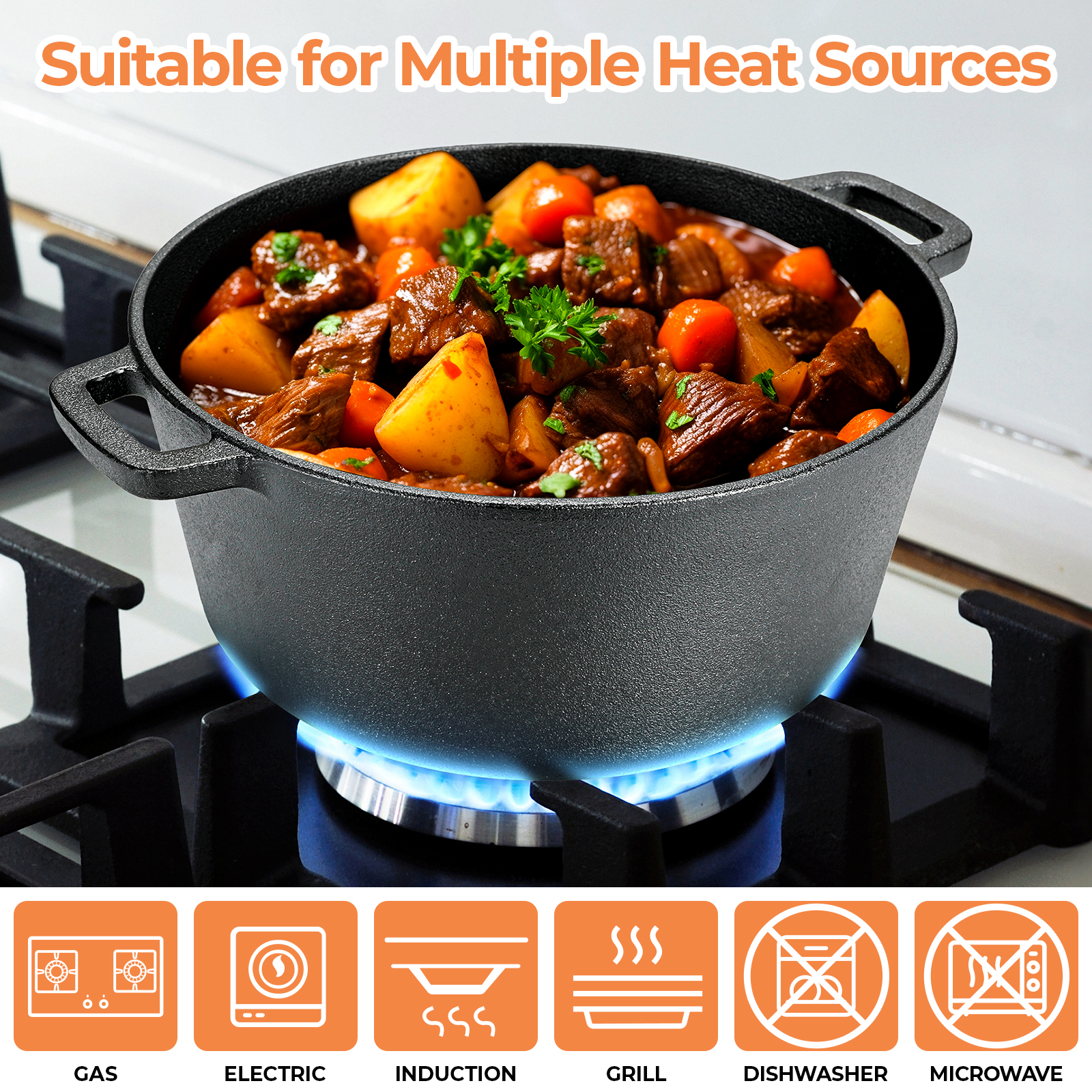 TLGREEN 7-Quart 2-in-1 Pre-Seasoned Cast Iron Dutch Oven photo 4