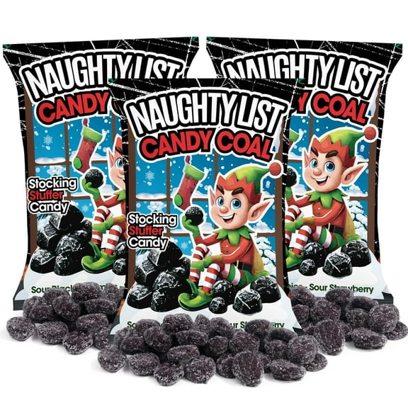 Christmas Naughty List Coal Candy, Holiday Gummies, Pack of 3, 4 Ounces per Bag