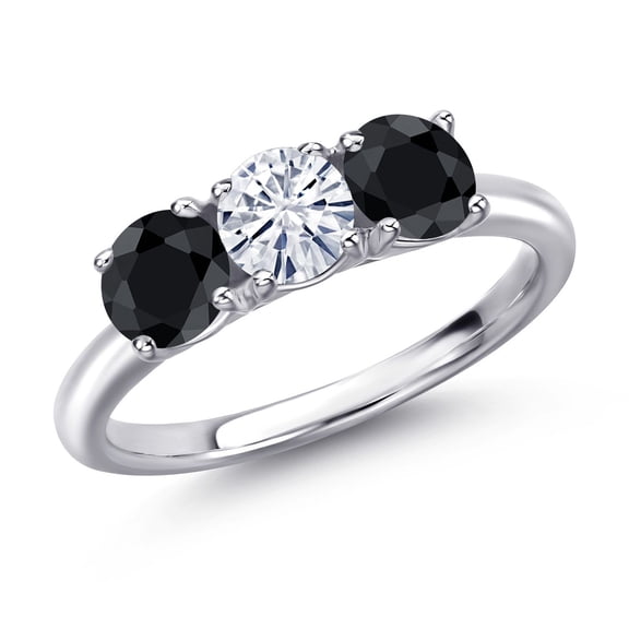 Gem Stone King 925 Sterling Silver White Moissanite and Black Sapphire Engagement Ring for Women | 1.88 Cttw | Round 5MM | Gemstone Birthstone | Size 7