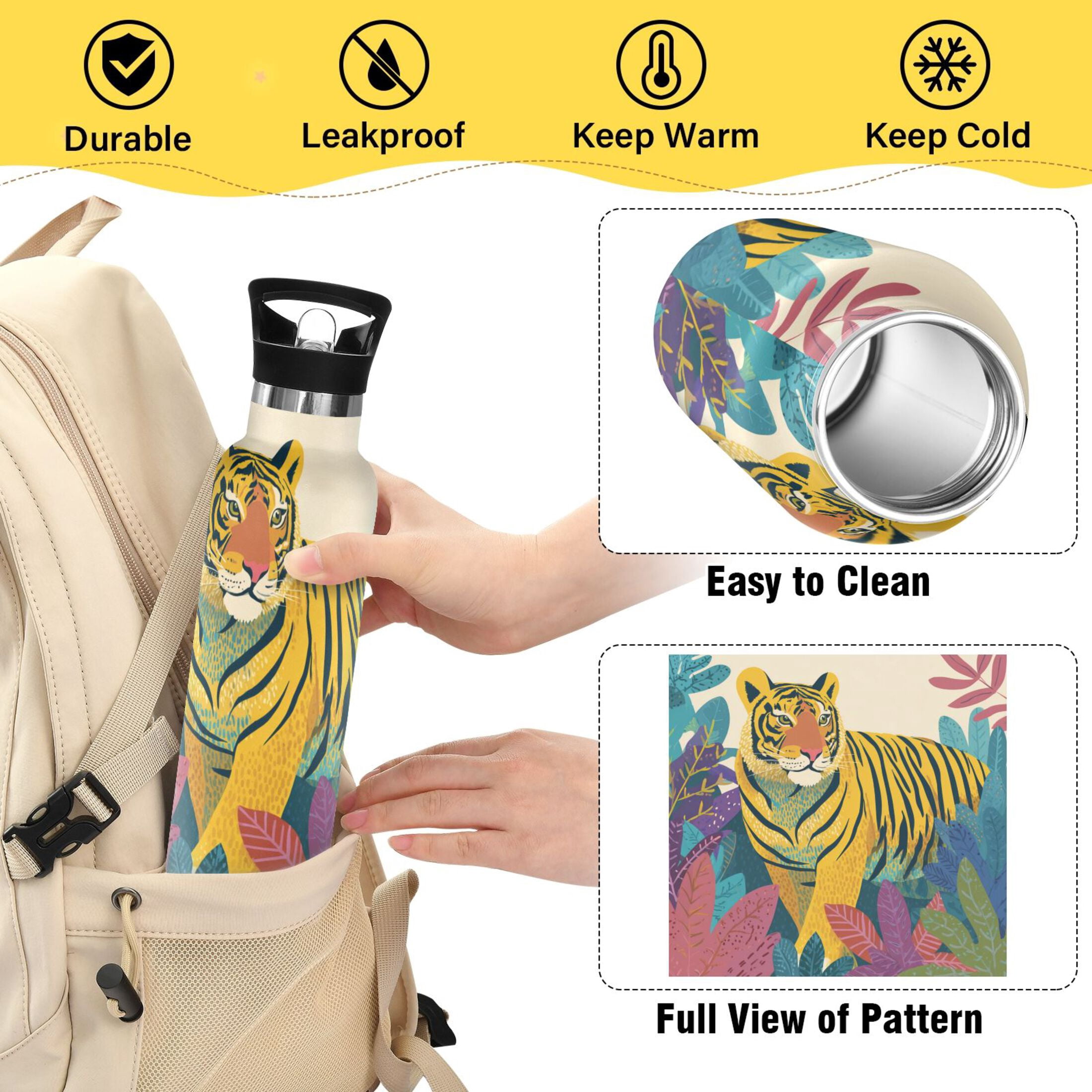 600ML Stainless Steel Insulated Cup Sports Water Bottle Portable Thermos Cup Water Glasses Insulated Tumblers Convenient and Durable Yellow Tiger
