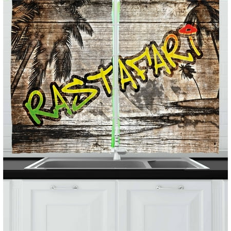 Pale Yellow Curtains And Drapes Rasta Curtains 2 Panels Set, Jamaican Reggae Music Icon Inspired Rastafari Street Graffiti Image, Window Drapes for Living Room Bedroom, 55W X 39L Inches, Brown Pale Green and Yellow, by Ambesonne ()