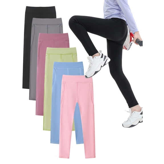 2Pcs Girls Footless Leggings Kids Athletic Dance Yoga Running Legging Shark Pants Skinny Workout Pants with Pocket 4-12Y