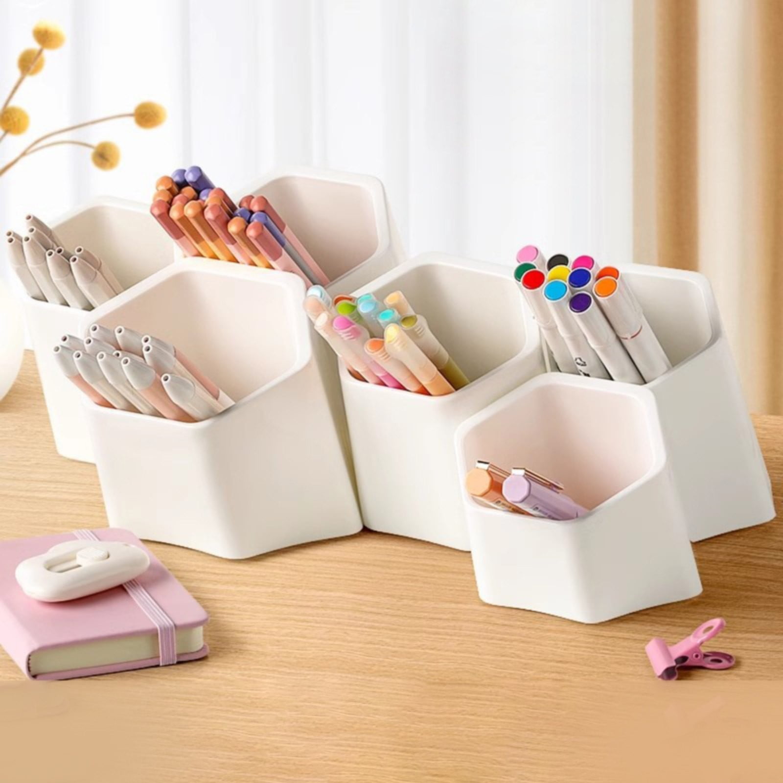 HCTSHG 6 Cup Splicing Clips Pen Holder Modular Desk Organizer for Markers Pencils and Pens for Home Office Use,Pencil Holder Pen Cup Holder Pencil Cup Holder for Desk Office Home Pen Organizer