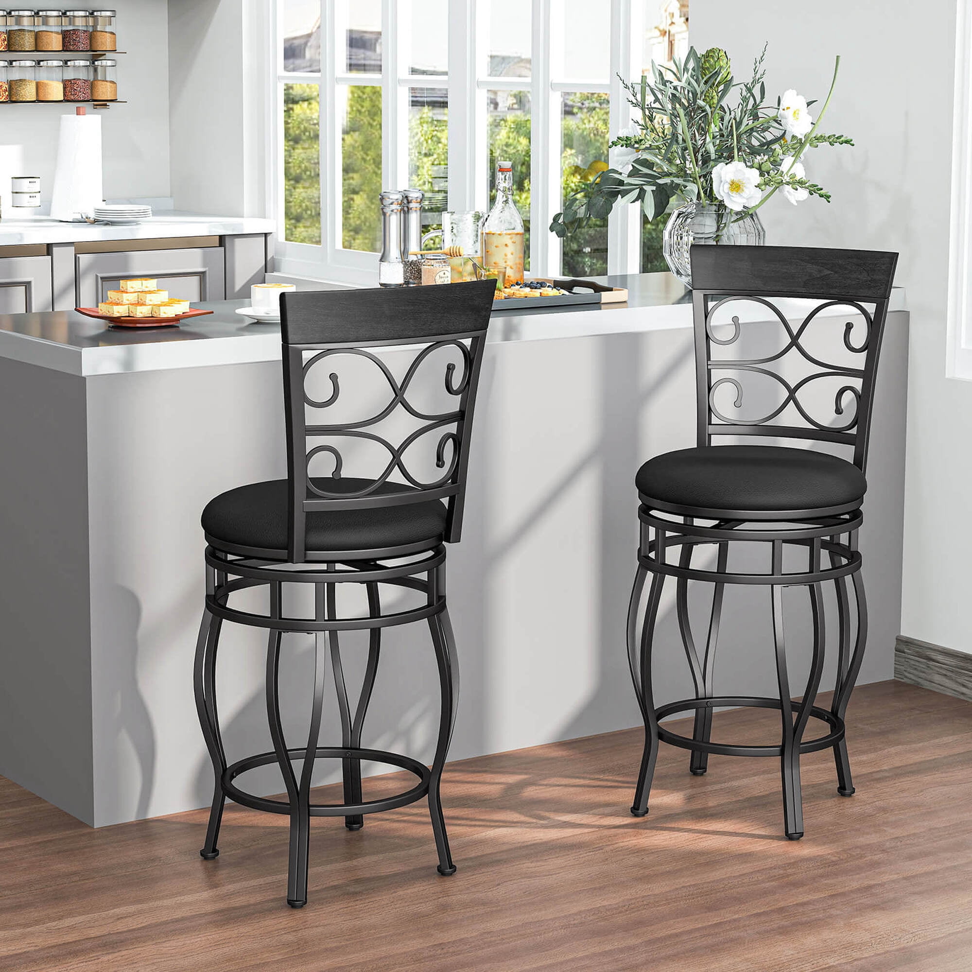 Costway Set of 2 Vintage Swivel Bar Stools 26" Bistro Upholstered Dining Chairs Black