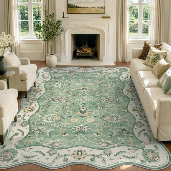 Moynesa Vintage Floral 8'x10' Large Area Rugs Scalloped Washable Rug Distressed Cottage Accent Carpet for Living Room Bedroom Dining Room Sunroom Soft Low Pile Non Slip, Sage Green