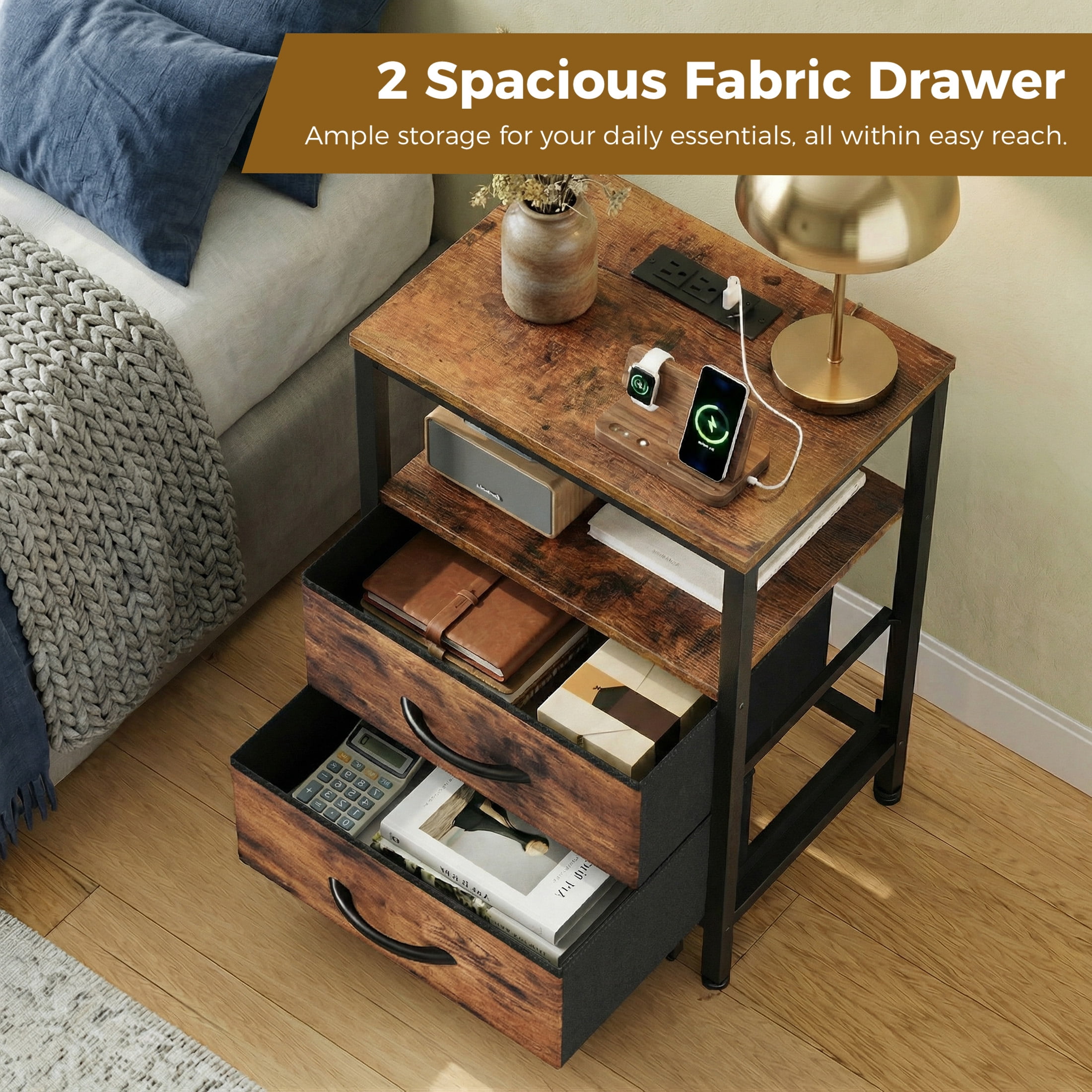 EDX Wall-mounted bedside table, featuring a built-in socket with USB/Type-C interface and adjustable drawers (two). Suitable for bedroom space-saving design. Genuine antique wood color