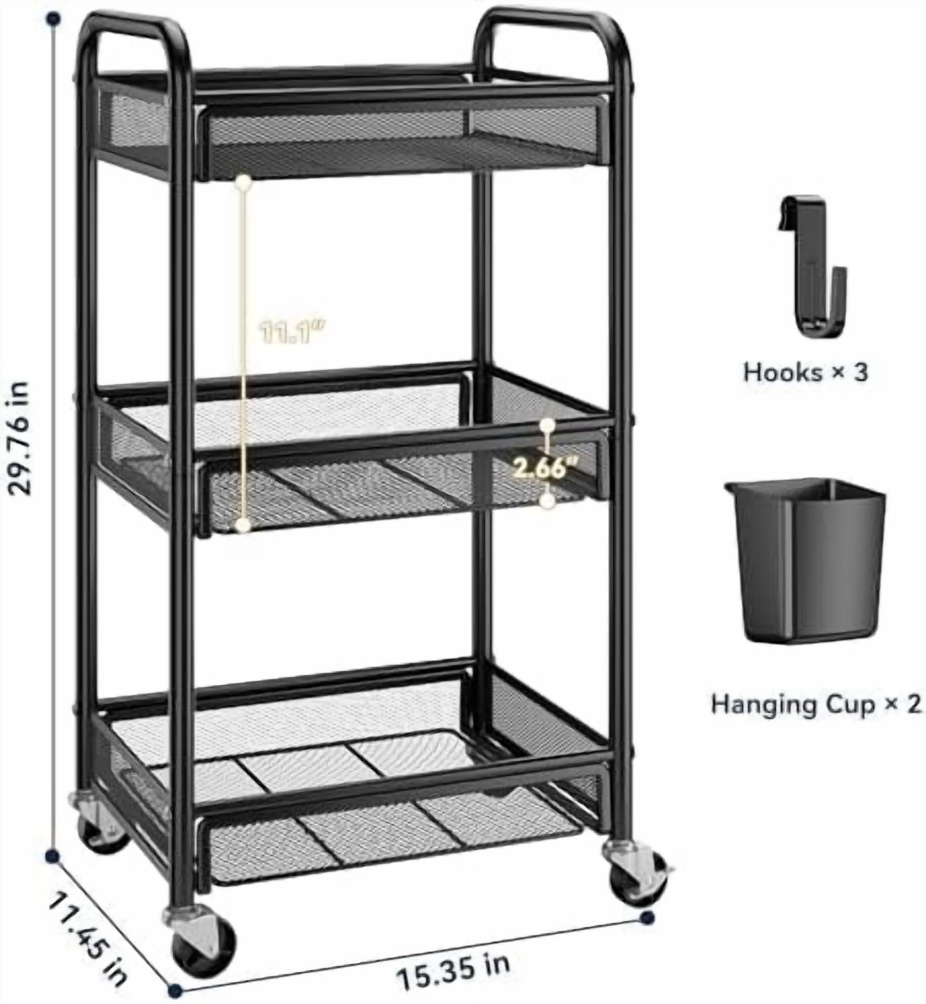 3 Tier Rolling Cart – Metal Utility Storage Carts with Wheels, Craft Cart Organizer with Hanging Cups, Hooks, Mesh Basket for Bedside Kitchen Office Art, Black