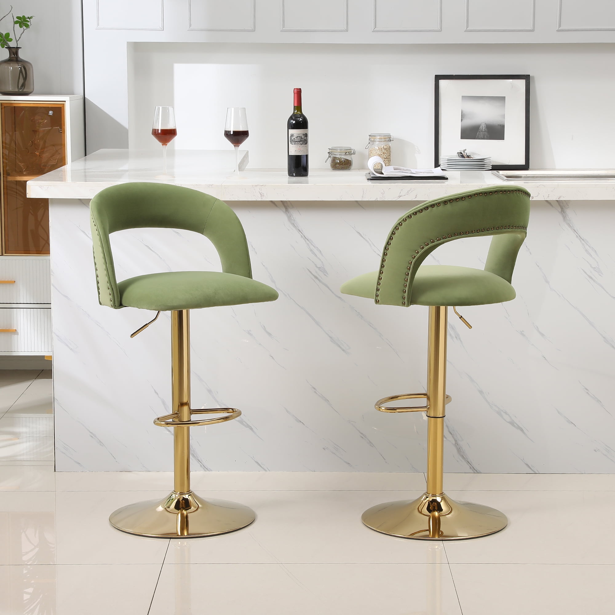 Kadyn Adjustable Tufted Swivel Bar Stool with Back& Footrest for Home, Avocado, Set of 2