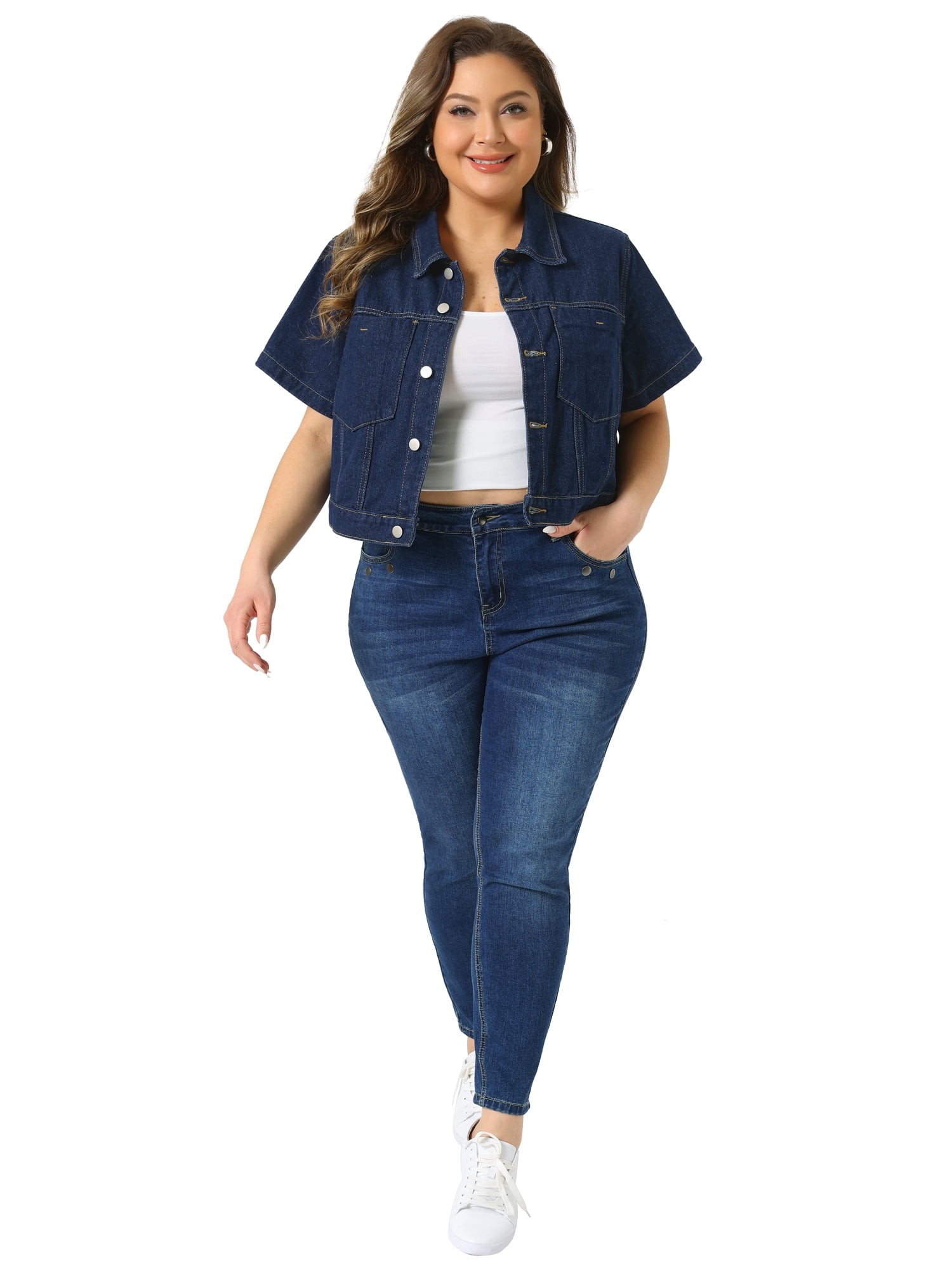 DARING DIVA Women's Plus Classic Washed Cropped Denim Jacket 4X Dark Blue