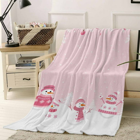 Christmas Snowman Throw Flannel Blanket 60x80In Winter Pink White Snowflakes Super Soft Cozy Bed Blanket, Lightweight Plush Fuzzy Bed Throw for Bedroom Sofa Couch Living Room