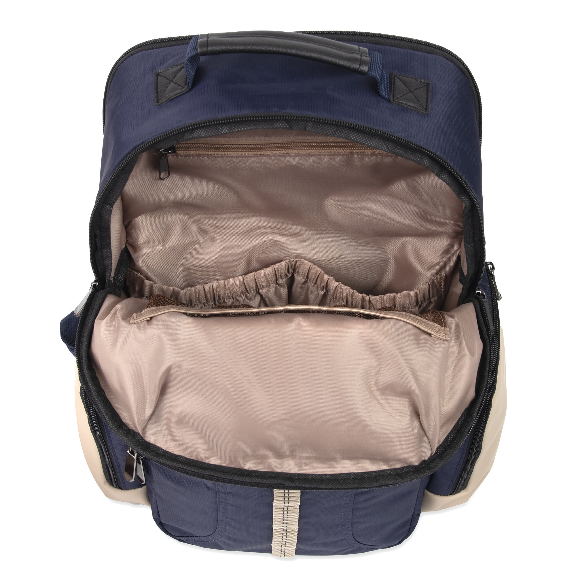 Baby Essentials Super Cooler Multi-Pocket Dual Zipper Closure Diaper Bag Backpack with Matching Changing Pad, Insulated Bottle Pockets and Stroller Straps in Navy Blue & Tan