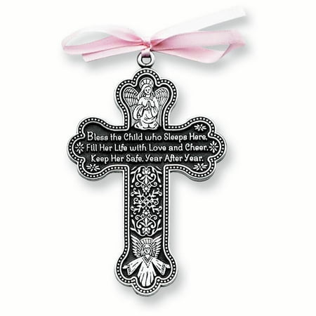Pewter Finish Pink Ribbon Bless This Child Cross Religious Baptism/christening/communion Fashion Jewelry Ideal Gifts For Women Gift Set From