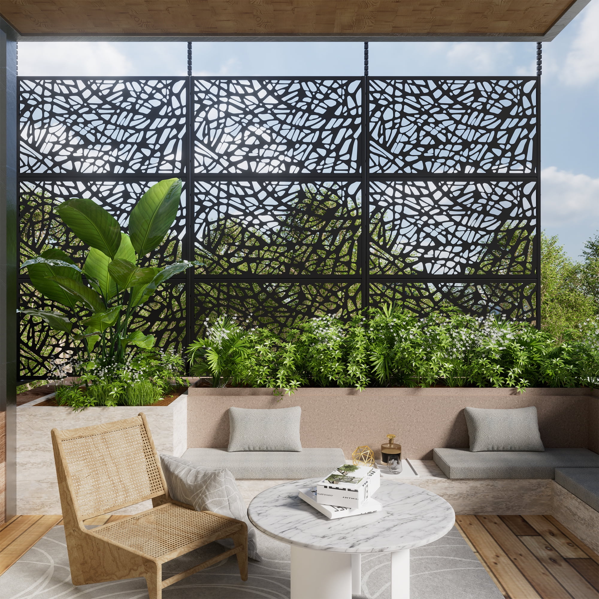 72"x47" Outdoor Privacy Screen with Stand Metal Balcony Decorative Screen,Black