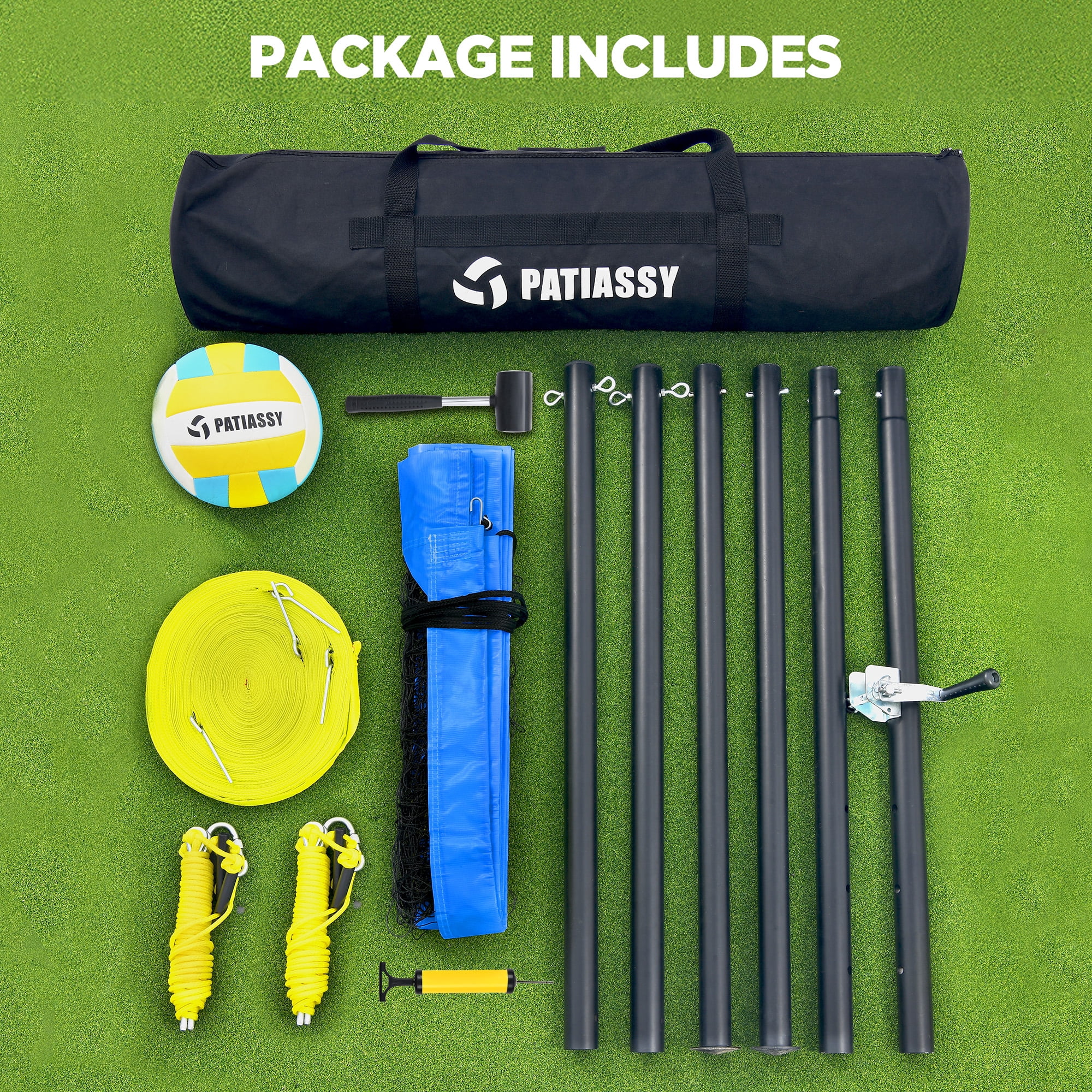 Patiassy Portable Professional Outdoor Volleyball Net Set for Backyard Beach with Adjustable Height Aluminum Poles, Winch System, Volleyball with Pump