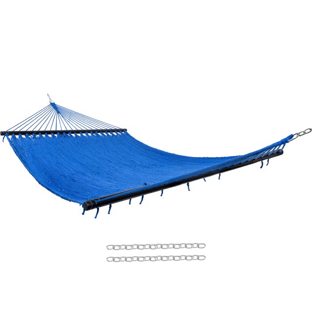 Sunnydaze Large Double Wide Two-Person Polyester Rope Hammock with Spreader Bars - 600 lb Weight Capacity - Blue