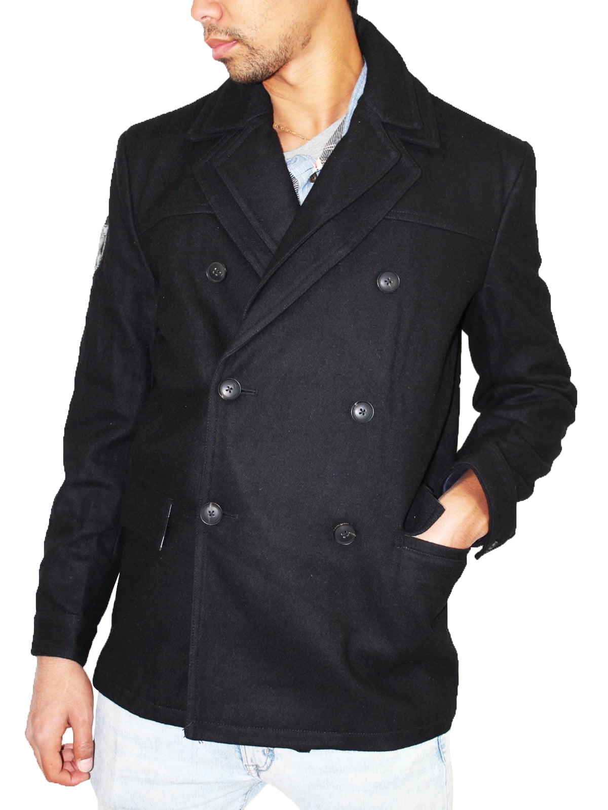 Jack & Jones Tim Mens Wool Peacoat Double Collar Black Jacket - Walmart.com