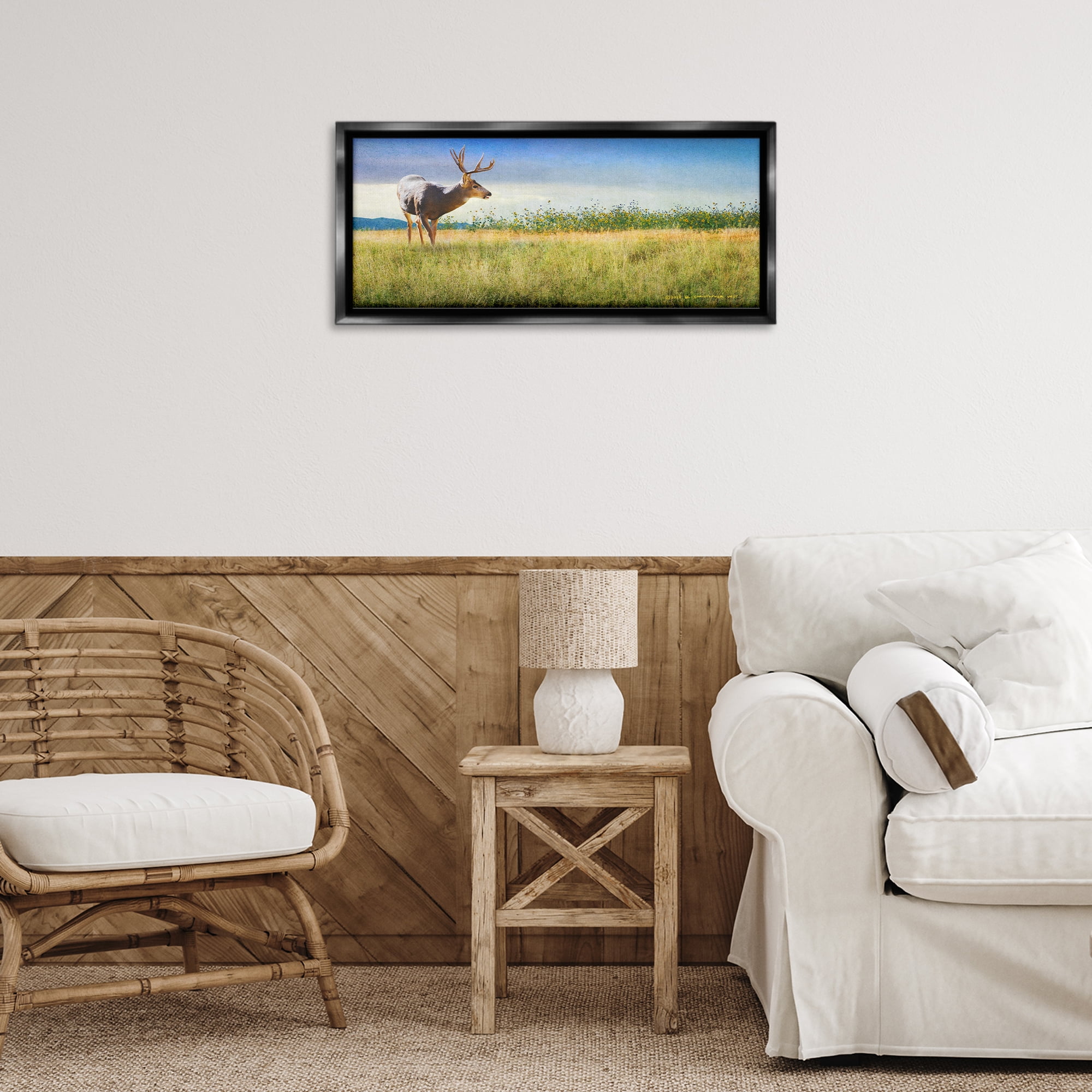 Stupell Industries Buck Deer in Field Landscape & Nature Photography Black Floater Framed Canvas Art Print Wall Art, 25 x 11
