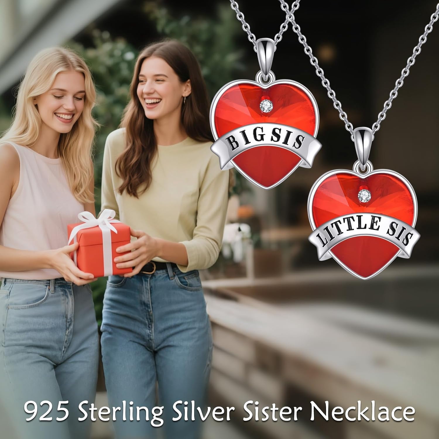 YAFEINI Big Sis Little Sis Necklace Sterling Silver Red Heart Big Sis Little Sis Pendant Necklace Big Sister Little Sister Jewelry Matching Birthday Gifts for Women