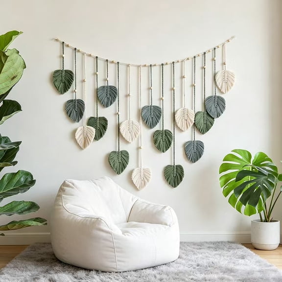 Vruelia Wall Hanging,Leaves Woven Tapestry, Feather Handmade Tassels Boho Wall Decor,Leaves Art Decorations for Nursery Bedroom Living Room Apartment Home Backdrop