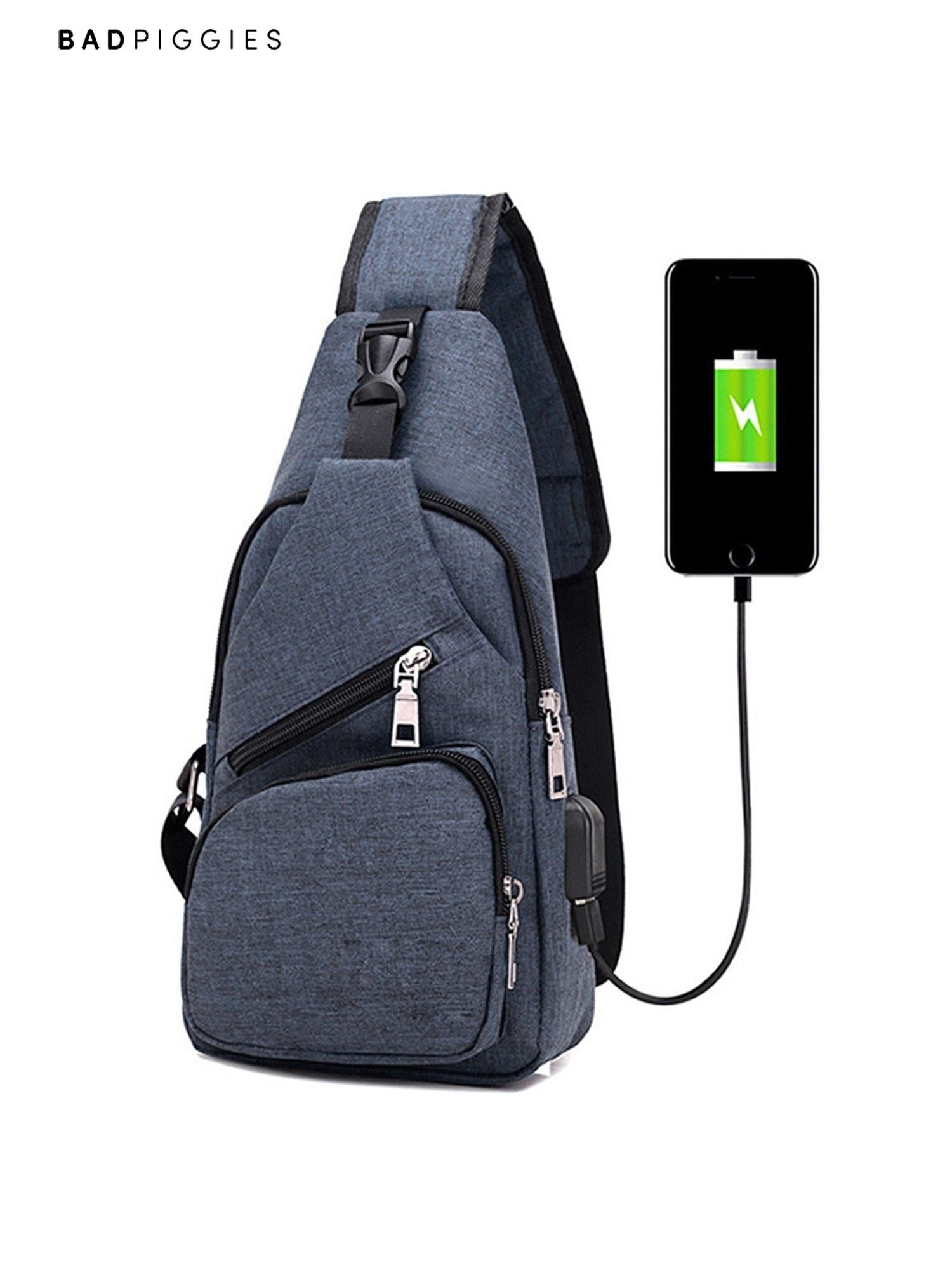 Men Canvas Shoulder Sling Bag USB Charging Male Leisure Travel Bag Messenger Bag Chest Harness Chest Pocket blue 
