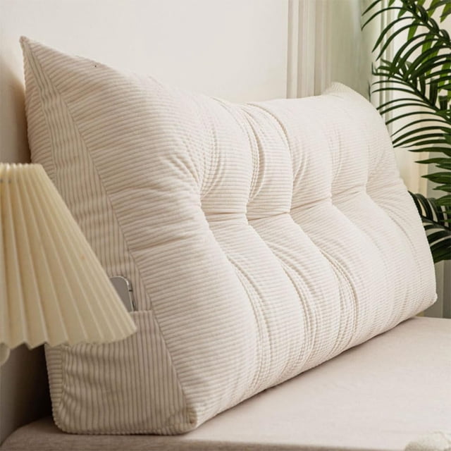 Genérico Triangular Pillow Headboard for Twin XL Beds: Corduroy Backrest with Storage Pocket | Ergonomic Wedge Cushion for Dorm Rooms & College Students (White,Queen (59" W))