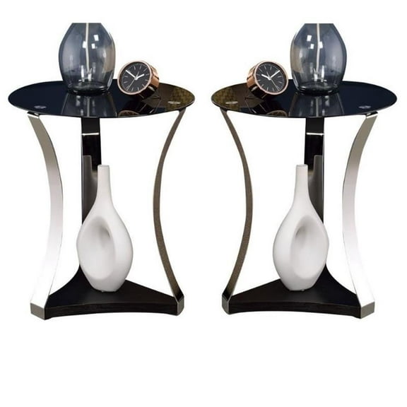 Home Square 2-Piece Furniture End Table Set in Black Glass and Rose Gold