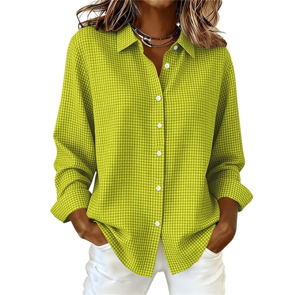 hoksml Women's Gingham Plaid Button Down Shirt, Roll Tab Long Sleeve with Collar and Curved Hem, Loose Casual Blouse for Daily Wear