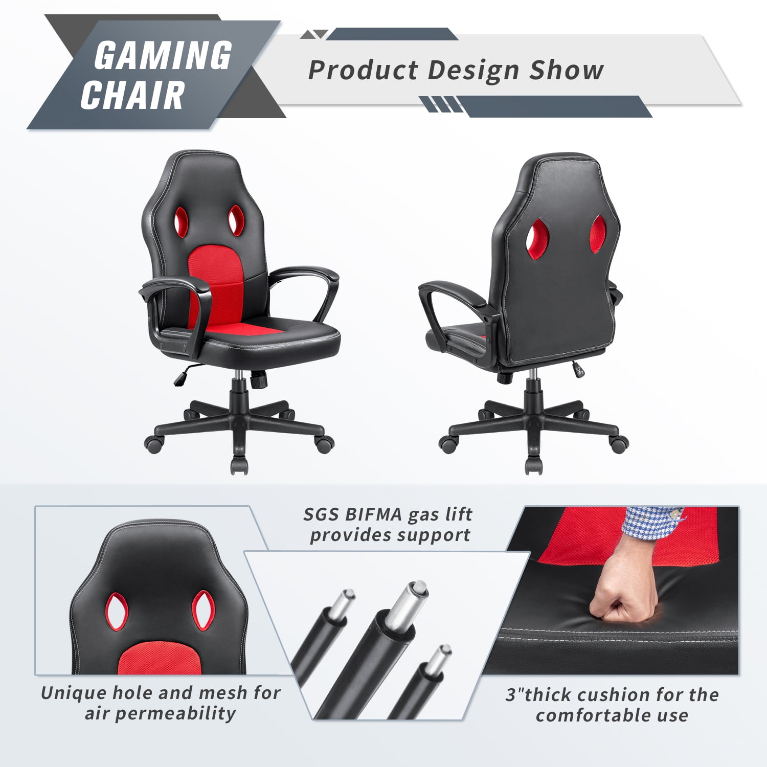 Furmax Faux Leather Gaming Chair Mid-Back Video Game Chair with Lumbar Support, Red