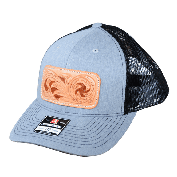 McIntire Saddlery Heather Grey and Black Leather Tooled Patch Cap