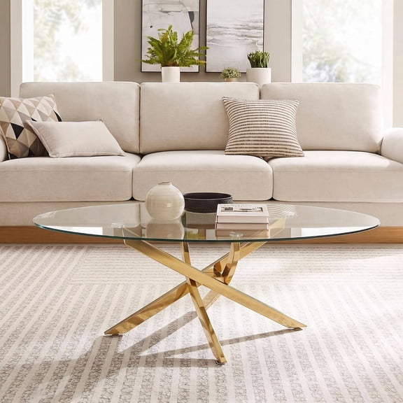 39" Oval Tempered Glass Coffee Table with Gold Metal Legs, Modern Living Room Center Table