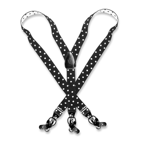 Men's Solid BLACK with WHITE DOTS SUSPENDERS Y Shape Elastic Buttons & Clips