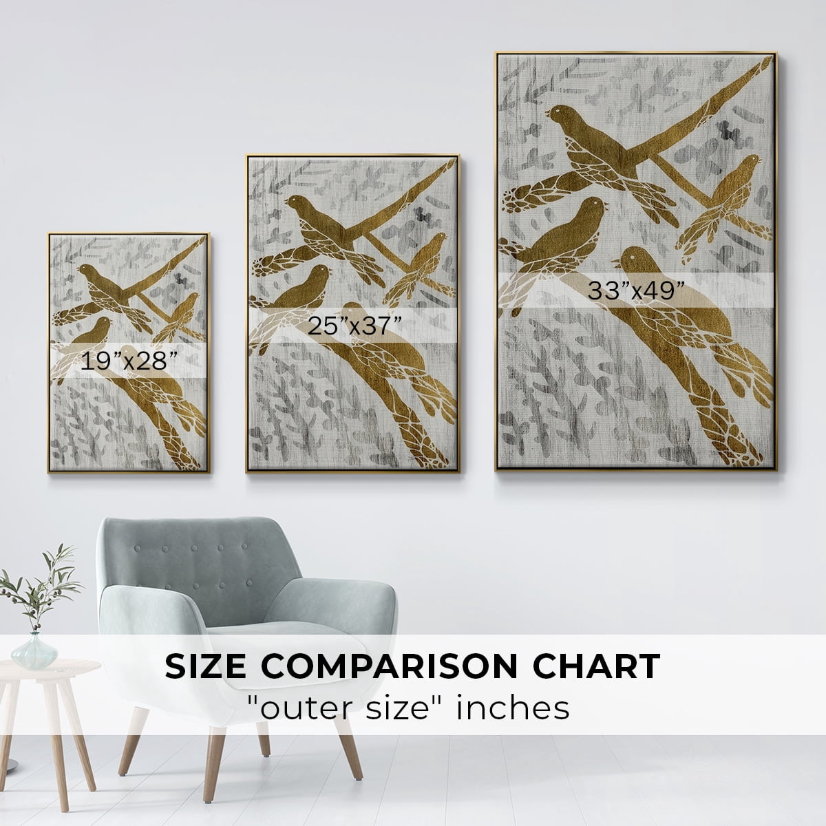 Four Calling Birds - Gold Leaf Holiday - Framed Gallery Wrapped Holiday Canvas - 25 x 37 - Gold Frame