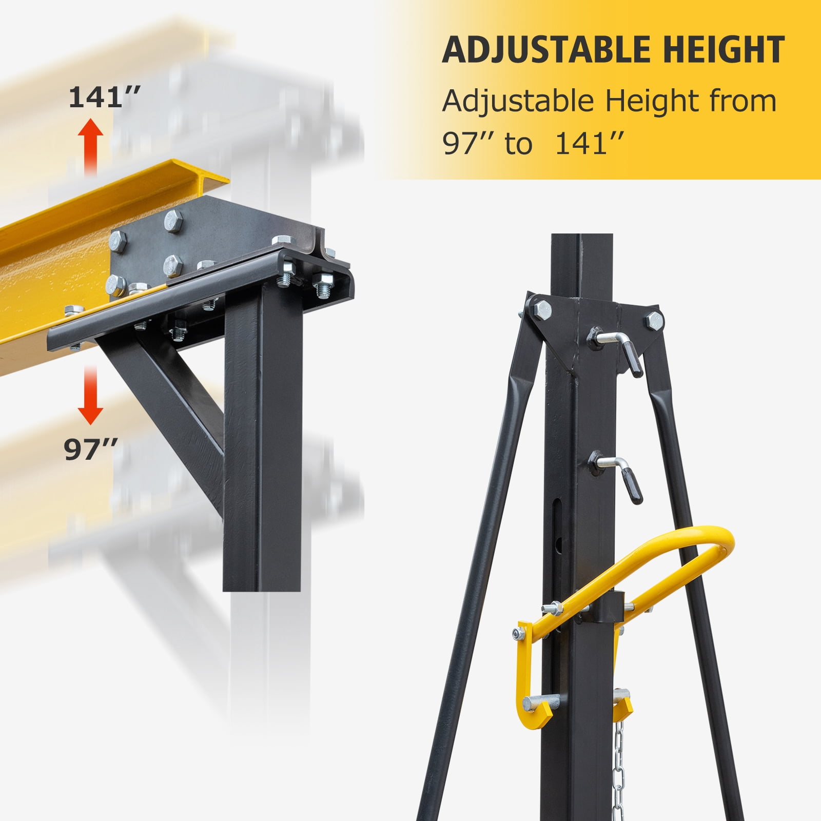 Adjustable Gantry Crane - 1 Ton (2200Lbs) Capacity Portable Hoist with Height Adjustable from 97" to 141" - Perfect for Factories, Construction Sites, Warehouses, and Car Repairs