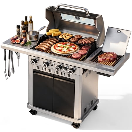 MF Studio 4 Burner Propane Gas Grill with 13500 BTU Infrared Side Burner – 604 sq.in Extra Large Cooking Area Outdoor BBQ Grill - Black