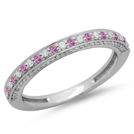 Dazzlingrock Collection 14K Round Pink Sapphire & White Diamond Ladies Anniversary Wedding Stackable Band, White Gold, Size 9.5