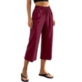 thumbnail image 5 of Linen Capris for Women Wide Leg Petite Pull On Pants with Drawstring Elastic Waist Casual Cropped Pants Wine L, 5 of 6