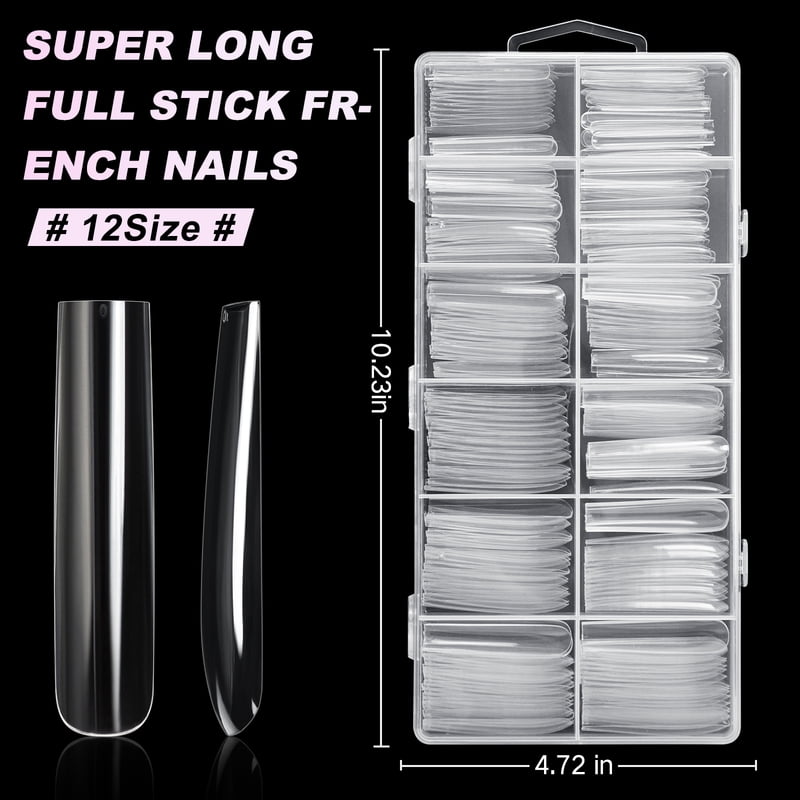 Extra Long Square Full Cover Nail Tips 240PCS Clear Full Cover Fake Nails False Nails 12 Sizes Square Press on Fake Nail Tips