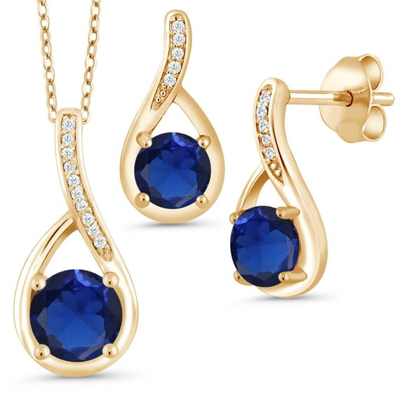 Gem Stone King Round Created Sapphire (2.09 Ct) 18K Yellow Gold Plated Silver Diamond Pendant and Earrings Jewelry Set