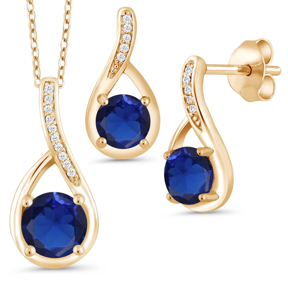Gem Stone King 2.09 Ct Created Sapphire 18K Yellow Gold Plated Silver Diamond Pendant and Earrings Jewelry Set