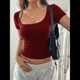 thumbnail image 4 of Camisetas de Corta con Cuello Redondo y Punto Acanalado para Mujer, Ropa Informal de Verano 2025 Vino Tinto M, 4 of 7