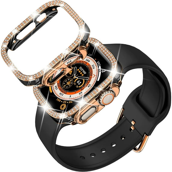 ANTHOUSE Compatible for Apple Watch Band with Glitter Bumper Case, Women Silicone Soft Comfortable Adjustable Strap with Buckle for iWatch SE Series 8/7/6/5/4/3/2/1 (Black Rosegold, 38mm)