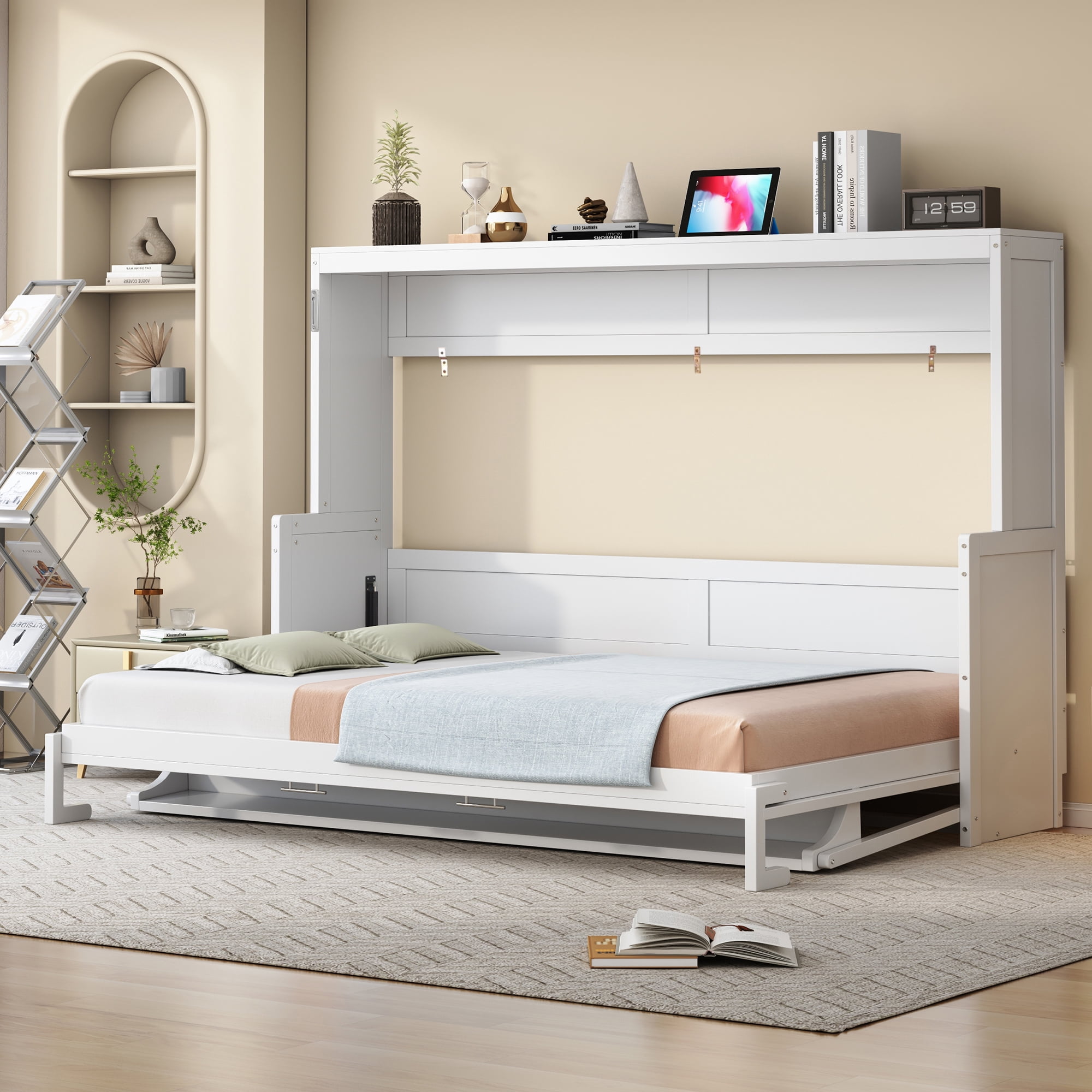 Mintazer Queen Wall Murphy Bed with Desk & Hydraulic Lift, Multifunctional Foldable Desk Bed for Small Spaces Apartments, White