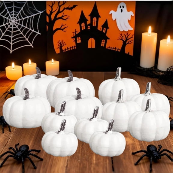 Halloween Pumpkins, 12 PCS White Fake Pumpkins for Painting Fall Harvest, Halloween Thanksgiving Decorations DIY Craft Supplies
