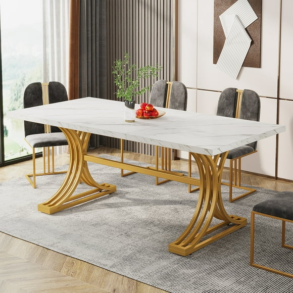Fnova 63" Modern Dining Table, Rectangular White Faux Marble Top Kitchen Table, Stylish Metal Trestle Legs, Seats 4 to 6 for Dining Room & Kitchen, Living Room