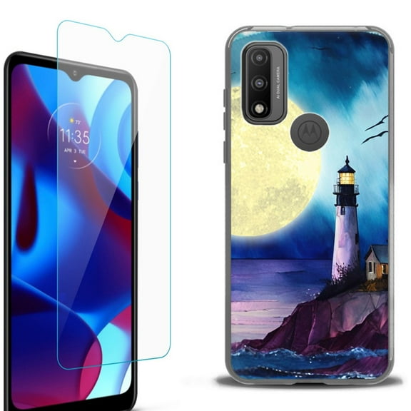 Slim-Fit Fashion Phone Case for Motorola Moto G Pure, with Tempered Glass Screen Protector, by OneToughShield ® - Lighthouse Moon