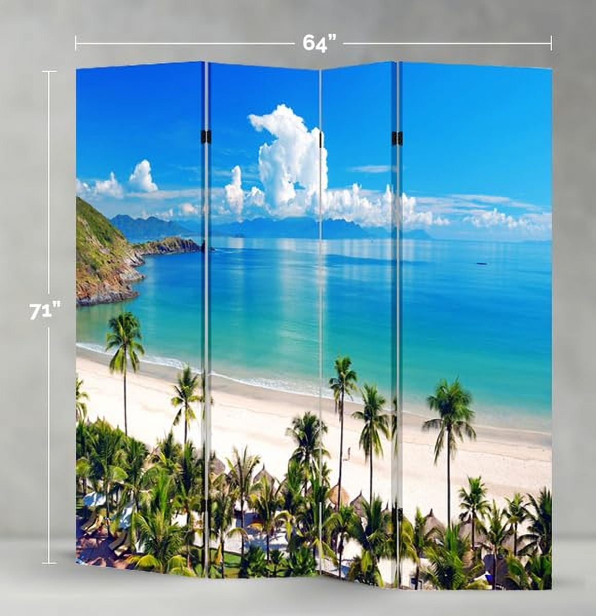 4 Panels Privacy Screen Room Divider Partition with Beach Hut Canvas, Water Resistant for Living Room, Bathroom, Home Office or College Dorm, Wood Frame